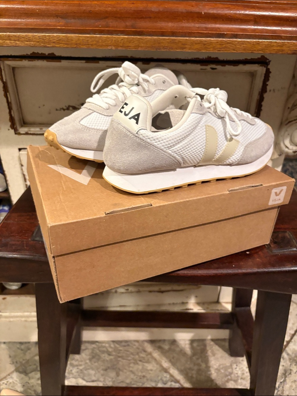 Veja Retro Runner Sneaker in White and Beige